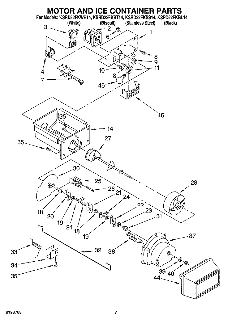 MOTOR AND ICE CONTAINER PARTS Diagram and Parts List for KSRD22FKBL14  KitchenAid Refrigerator