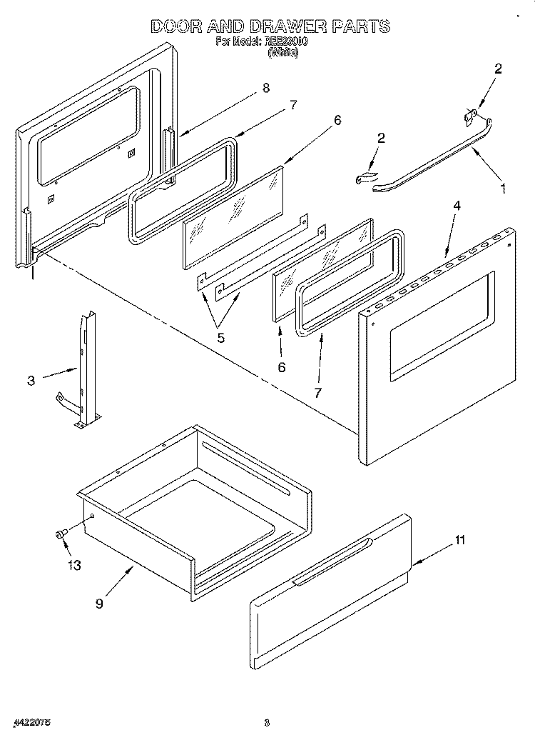DOOR AND DRAWER Diagram and Parts List for REE23000  Roper Range