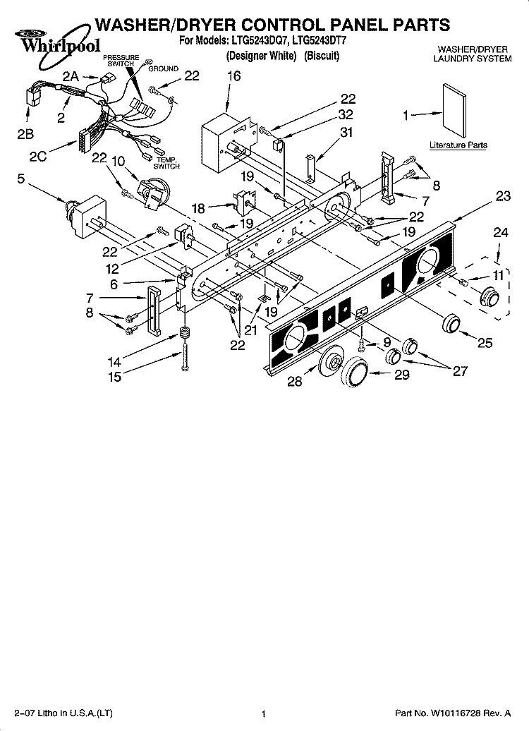 WASHER/DRYER CONTROL PANEL PARTS Diagram and Parts List for LTG5243DT7  Whirlpool Washer Dryer Combo