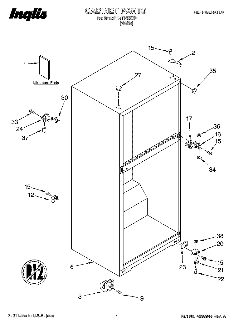 CABINET PARTS Diagram and Parts List for IJT183300  Inglis Refrigerator