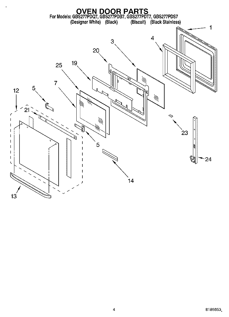 OVEN DOOR Diagram and Parts List for GBS277PDS7  Whirlpool Wall Oven