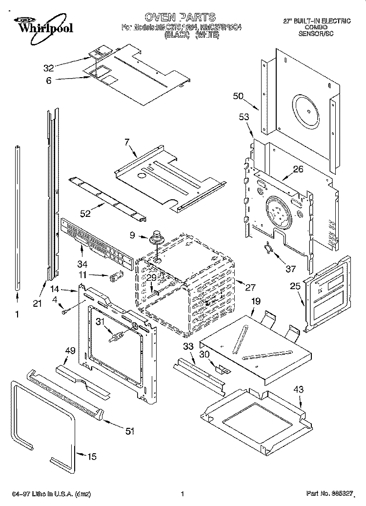 OVEN Diagram and Parts List for RMC275PDQ4  Whirlpool Microwave Oven Combo