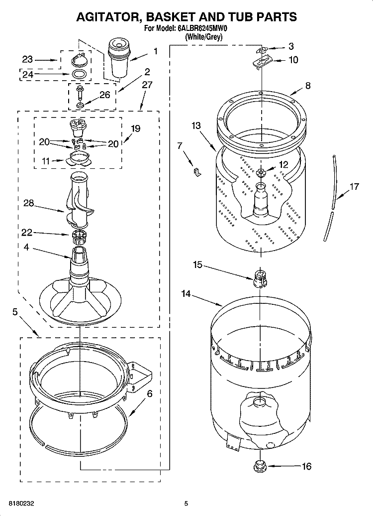 AGITATOR, BASKET AND TUB PARTS Diagram and Parts List for 6ALBR6245MW0  Whirlpool Washer