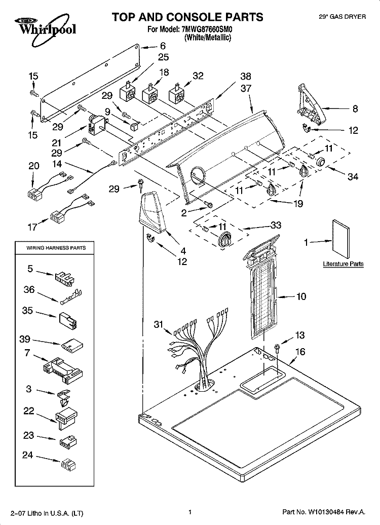 TOP AND CONSOLE PARTS Diagram and Parts List for 7MWG87660SM0  Whirlpool Dryer