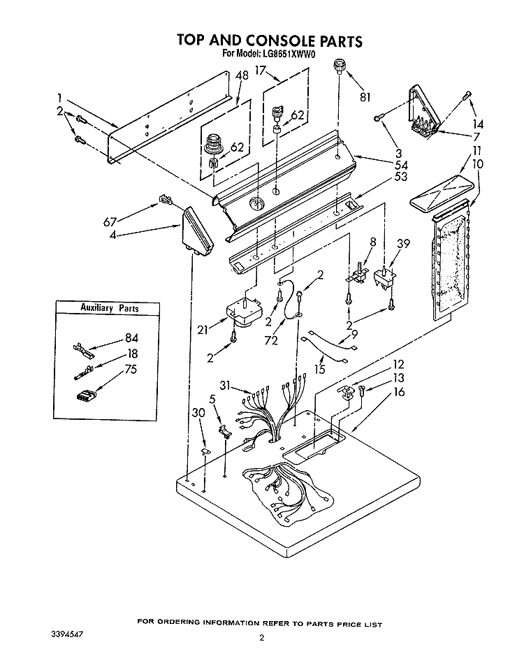 TOP AND CONSOLE, LIT/OPTIONAL Diagram and Parts List for LG8651XWW0  Whirlpool Dryer