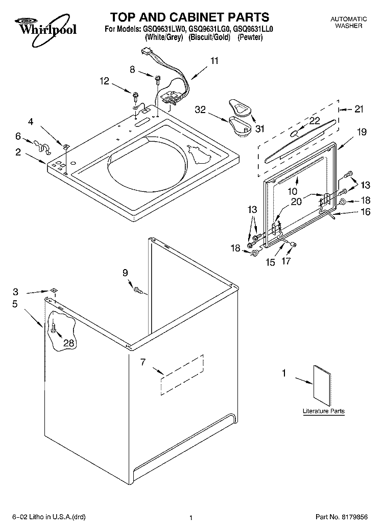 TOP AND CABINET, LITERATURE Diagram and Parts List for GSQ9631LL0  Whirlpool Washer