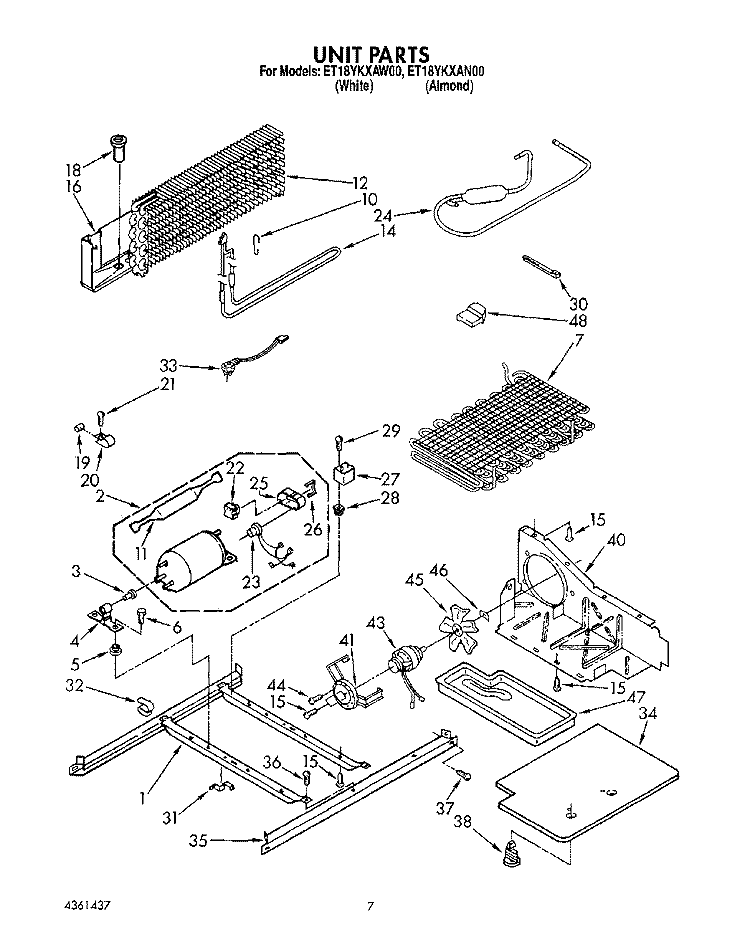 UNIT Diagram and Parts List for ET18YKXAW00  Whirlpool Refrigerator