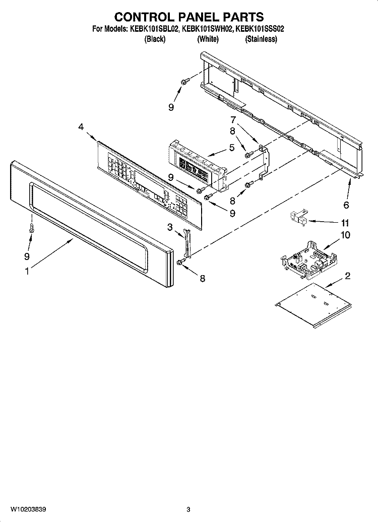 CONTROL PANEL PARTS Diagram and Parts List for KEBK101SBL02  KitchenAid Wall Oven