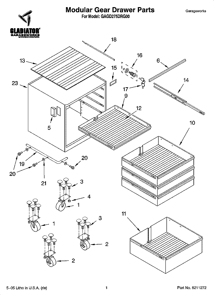 Modular Gear Drawer Parts Diagram and Parts List for GAGD275DRG00  Whirlpool Cabinet