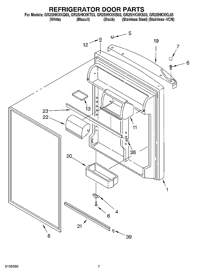 REFRIGERATOR DOOR PARTS Diagram and Parts List for GR2SHKXKT03  Whirlpool Refrigerator