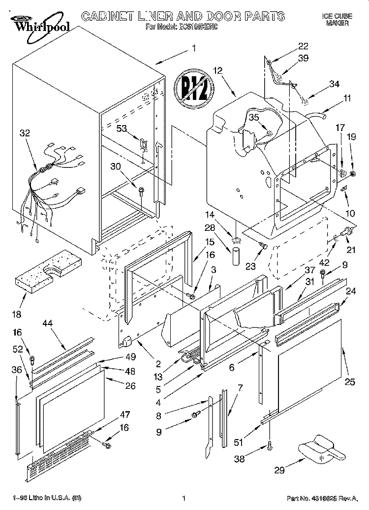 CABINET LINER AND DOOR Diagram and Parts List for EC5100XEN0  Whirlpool Ice Maker