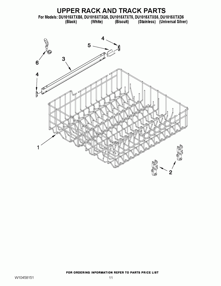 UPPER RACK AND TRACK PARTS Diagram and Parts List for DU1015XTXB5  Whirlpool Dishwasher