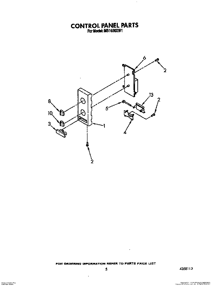 CONTROL PANEL Diagram and Parts List for MS1600XW1  Whirlpool Wall Oven