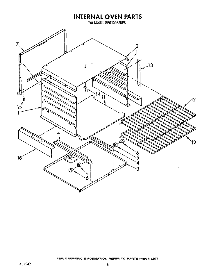 INTERNAL OVEN Diagram and Parts List for SF0100SRW6  Whirlpool Range