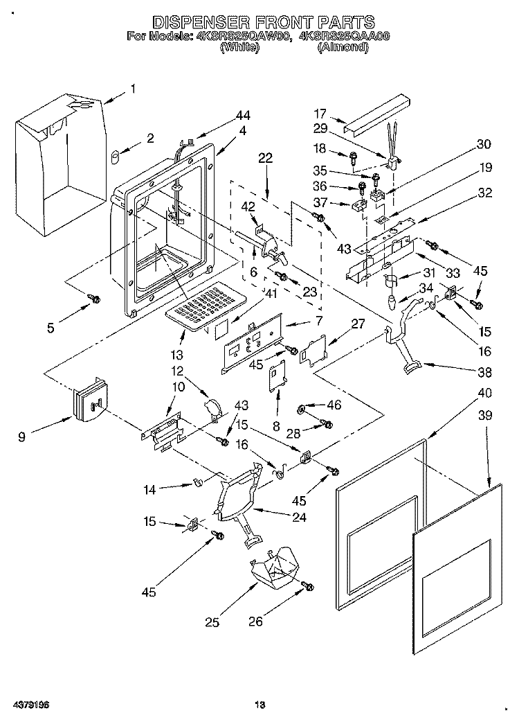 DISPENSER FRONT Diagram and Parts List for 4KSRS25QAW00  KitchenAid Refrigerator
