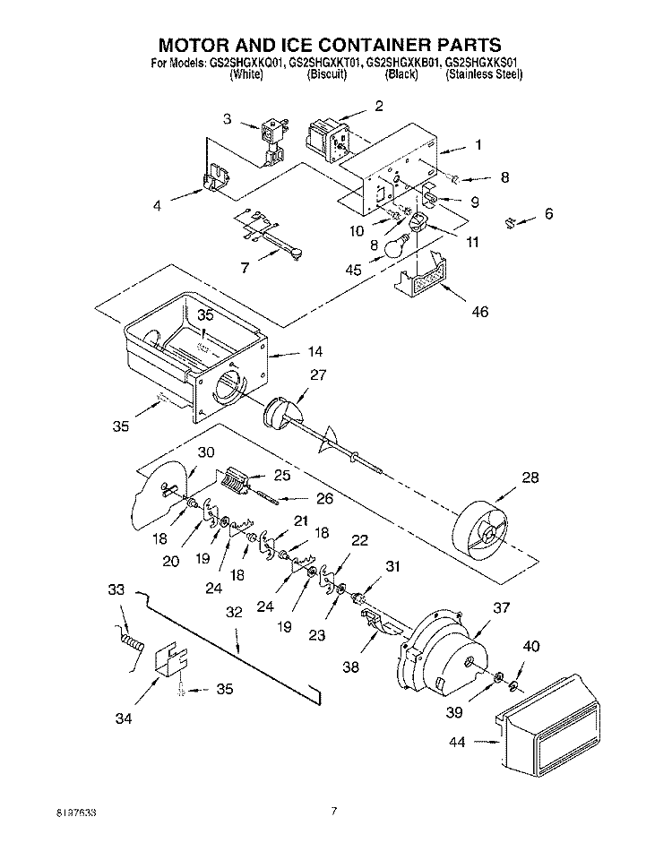MOTOR AND ICE CONTAINER Diagram and Parts List for GS2SHGXKT01  Whirlpool Refrigerator