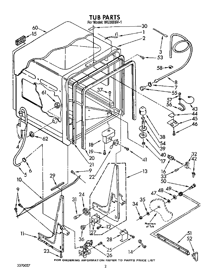 TUB, LIT/OPTIONAL Diagram and Parts List for WU3006V1  Roper Dishwasher