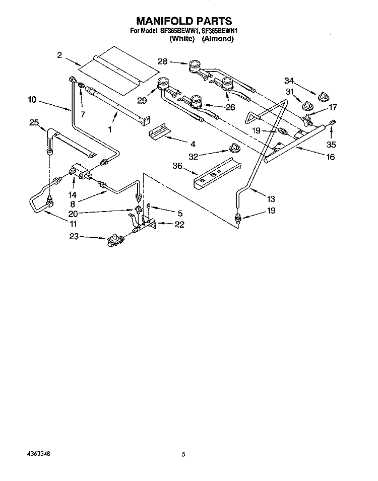 MANIFOLD Diagram and Parts List for SF365BEWN1  Whirlpool Range