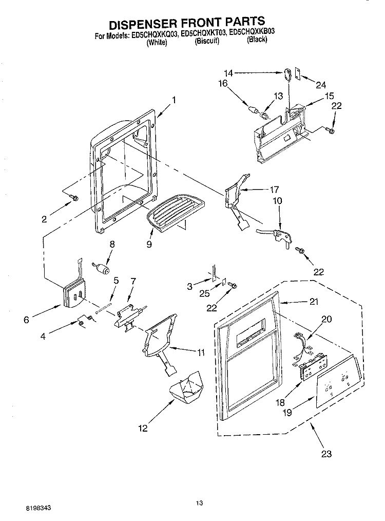 DISPENSER FRONT PARTS Diagram and Parts List for ED5CHQXKB03  Whirlpool Refrigerator