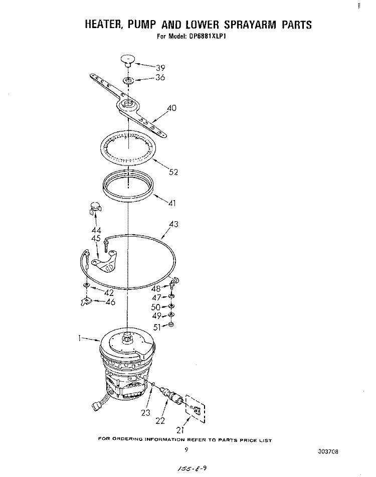 HEATER, PUMP AND LOWER SPRAYARM Diagram and Parts List for DP6881XLP1  Whirlpool Dishwasher