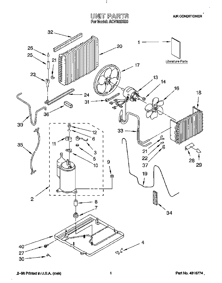 UNIT, LITERATURE Diagram and Parts List for ACV102XG0  Whirlpool Air Conditioner