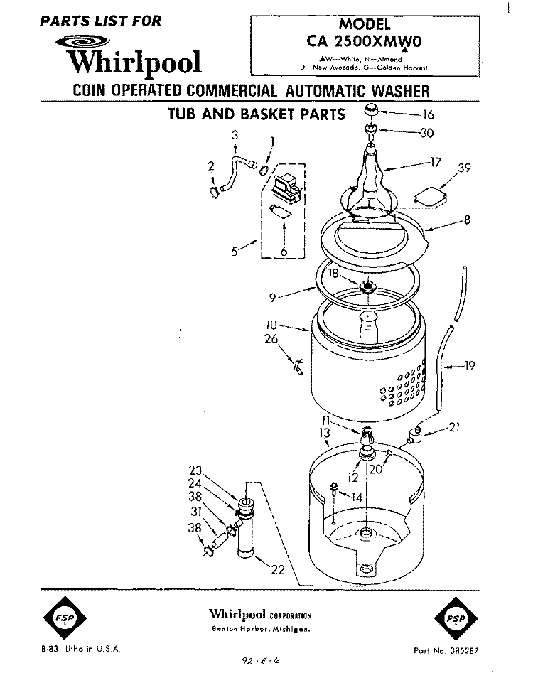 TUB AND BASKET Diagram and Parts List for CA2500XMW0  Whirlpool Washer