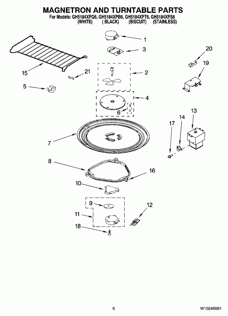MAGNETRON AND TURNTABLE PARTS Diagram and Parts List for GH5184XPS6  Whirlpool Microwave