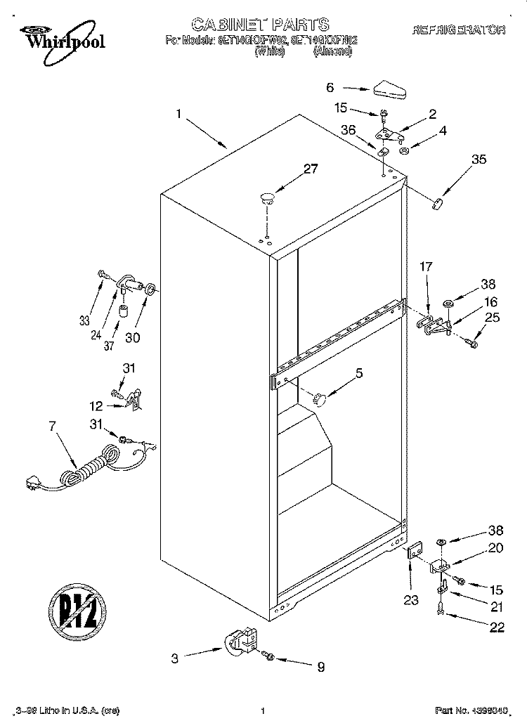 CABINET Diagram and Parts List for 8ET14GKXFN02  Whirlpool Refrigerator