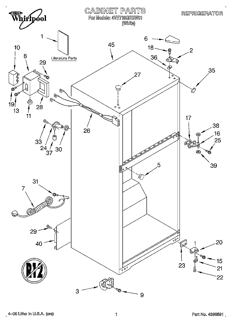 CABINET, LITERATURE Diagram and Parts List for 4VET18GKGW01  Whirlpool Refrigerator