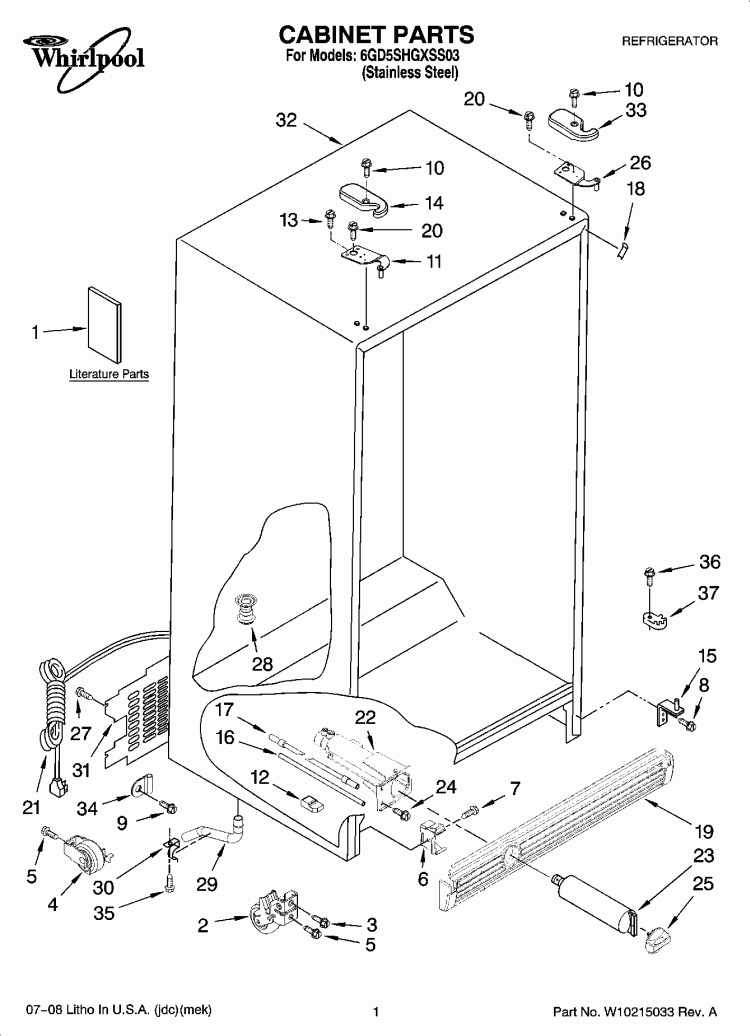 CABINET PARTS Diagram and Parts List for 6GD5SHGXSS03  Whirlpool Refrigerator