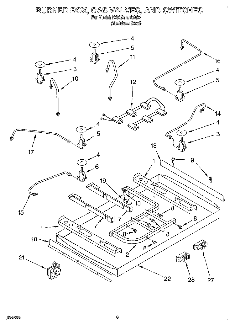 BURNER BOX, GAS VALVES, AND SWITCHES Diagram and Parts List for KGCS127GSS0  KitchenAid Cooktop