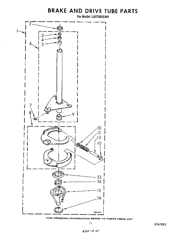 BRAKE AND DRIVE TUBE Diagram and Parts List for LA5700XSW0  Whirlpool Washer