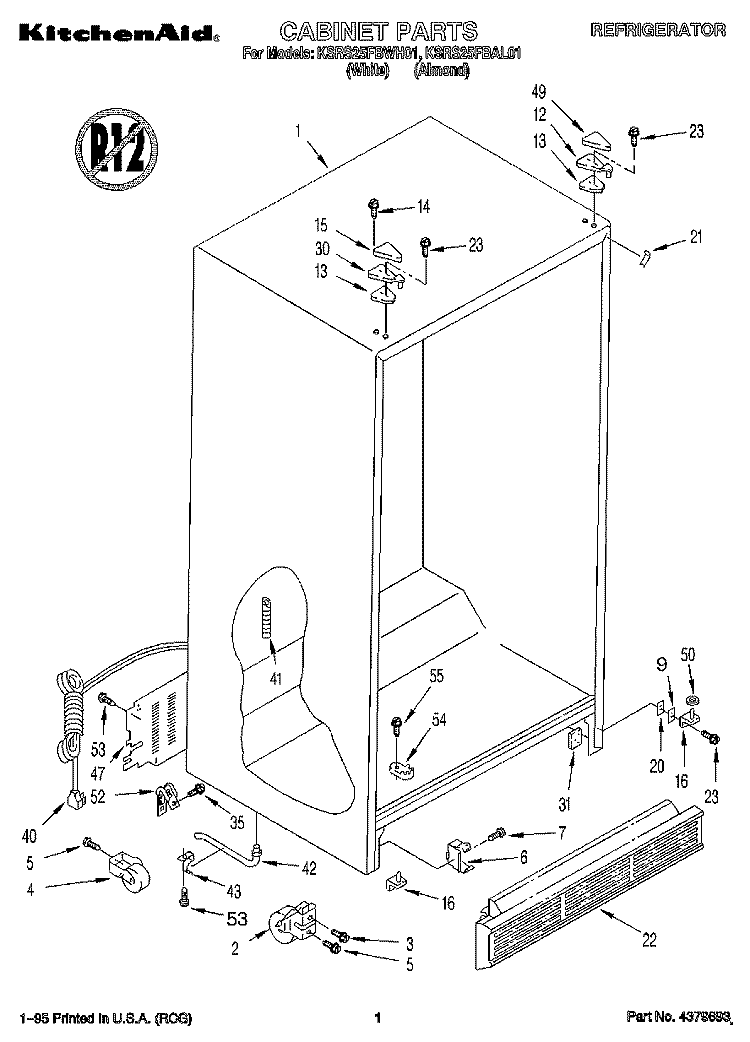 CABINET Diagram and Parts List for KSRS25FBWH01  KitchenAid Refrigerator