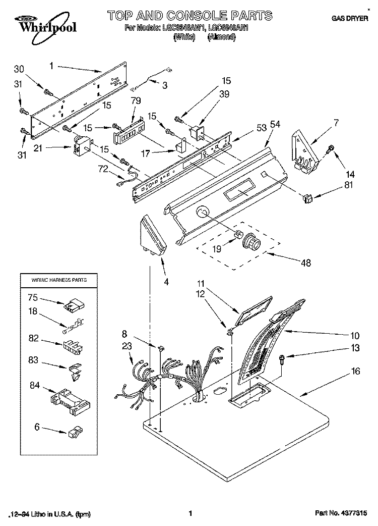 TOP AND CONSOLE, LIT/OPTIONAL Diagram and Parts List for LGC6646AN1  Whirlpool Dryer
