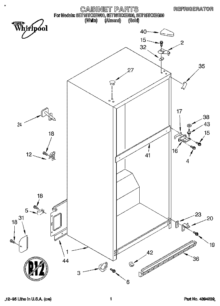 CABINET Diagram and Parts List for 8ET18TKXEG00  Whirlpool Refrigerator