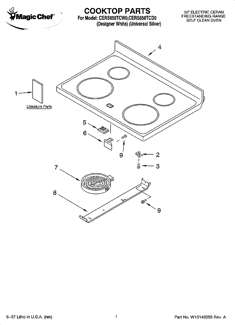 COOKTOP PARTS Diagram and Parts List for CERS858TCD0  Magic Chef Range