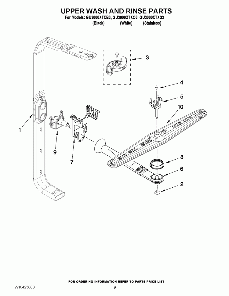 UPPER WASH AND RINSE PARTS Diagram and Parts List for GU3000XTXQ3  Whirlpool Dishwasher
