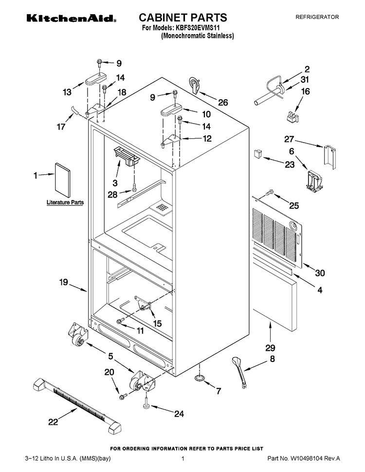 CABINET PARTS Diagram and Parts List for KBFS20EVMS11  KitchenAid Refrigerator