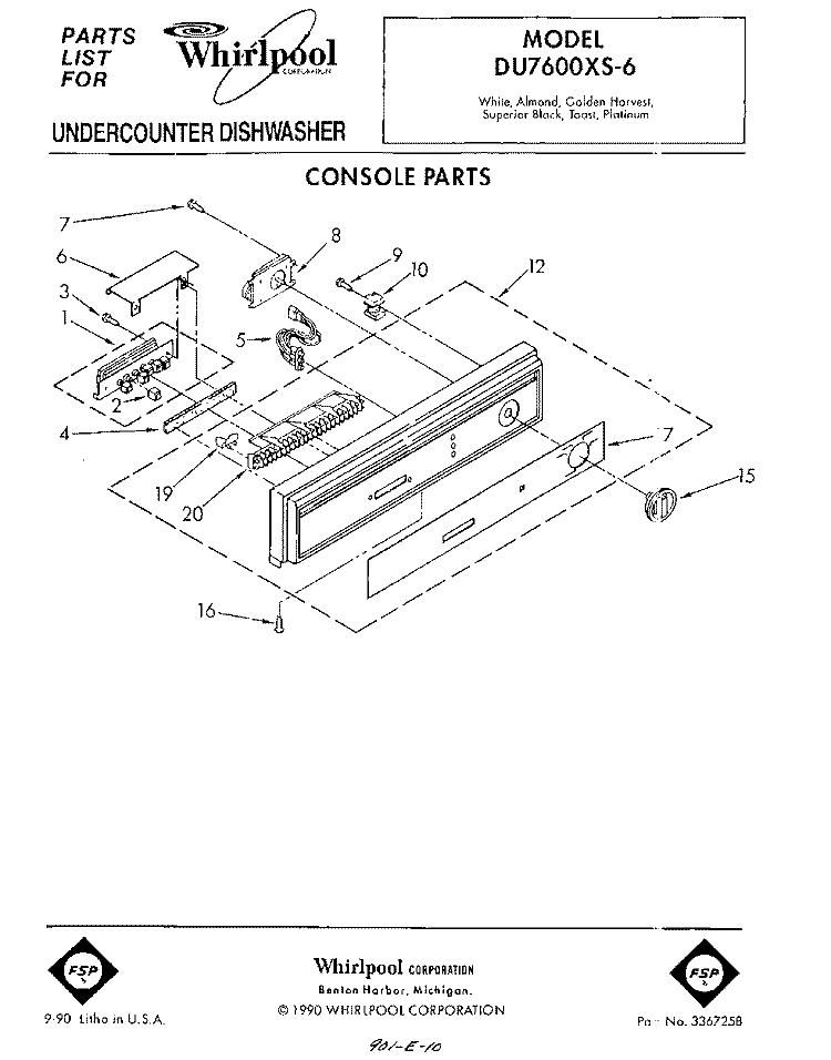 CONSOLE Diagram and Parts List for DU7600XS6  Whirlpool Dishwasher