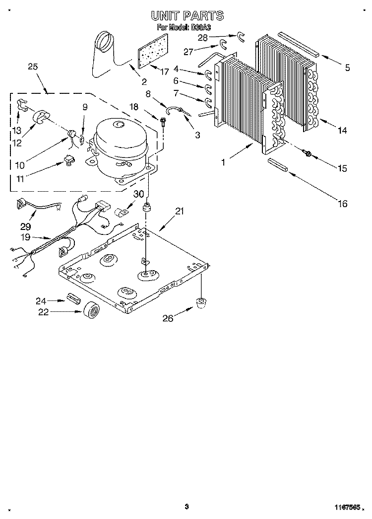 UNIT Diagram and Parts List for D30A3  Whirlpool Dehumidifier