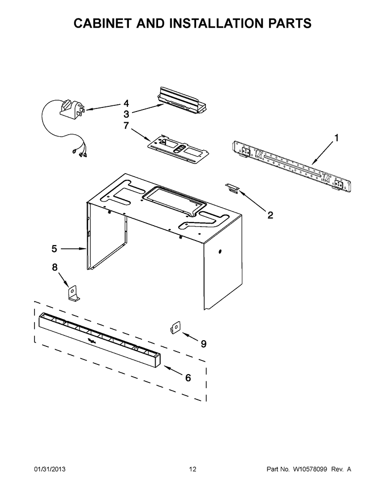 CABINET AND INSTALLATION PARTS Diagram and Parts List for WMH53520AW1  Whirlpool Microwave