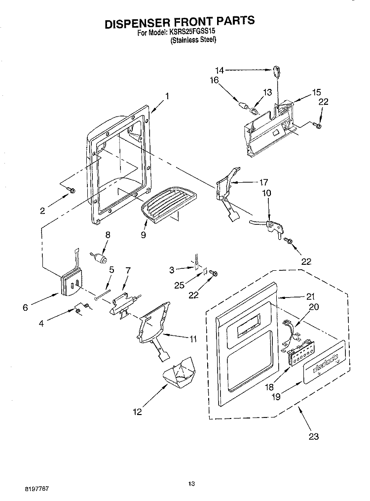 DISPENSER FRONT Diagram and Parts List for KSRS25FGSS15  KitchenAid Refrigerator