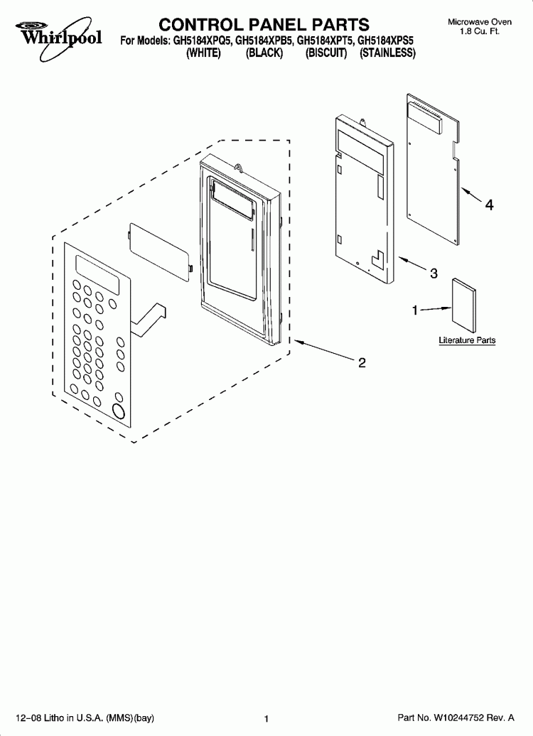 CONTROL PANEL PARTS Diagram and Parts List for GH5184XPB5  Whirlpool Microwave