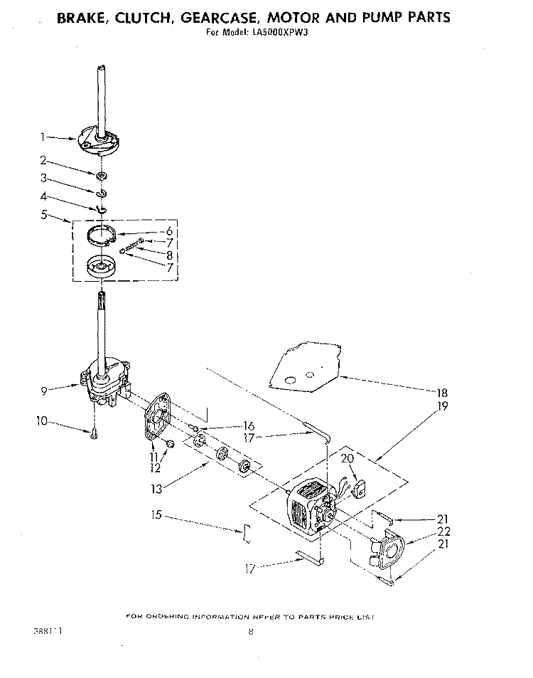 BRAKE, CLUTCH, GEARCASE, MOTOR AND PUMP Diagram and Parts List for LA5000XPW3  Whirlpool Washer