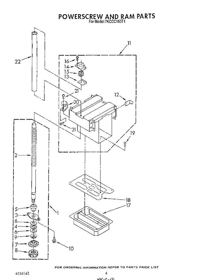 POWER SCREW AND RAM Diagram and Parts List for 7KCCC150T1  KitchenAid Trash Compactor