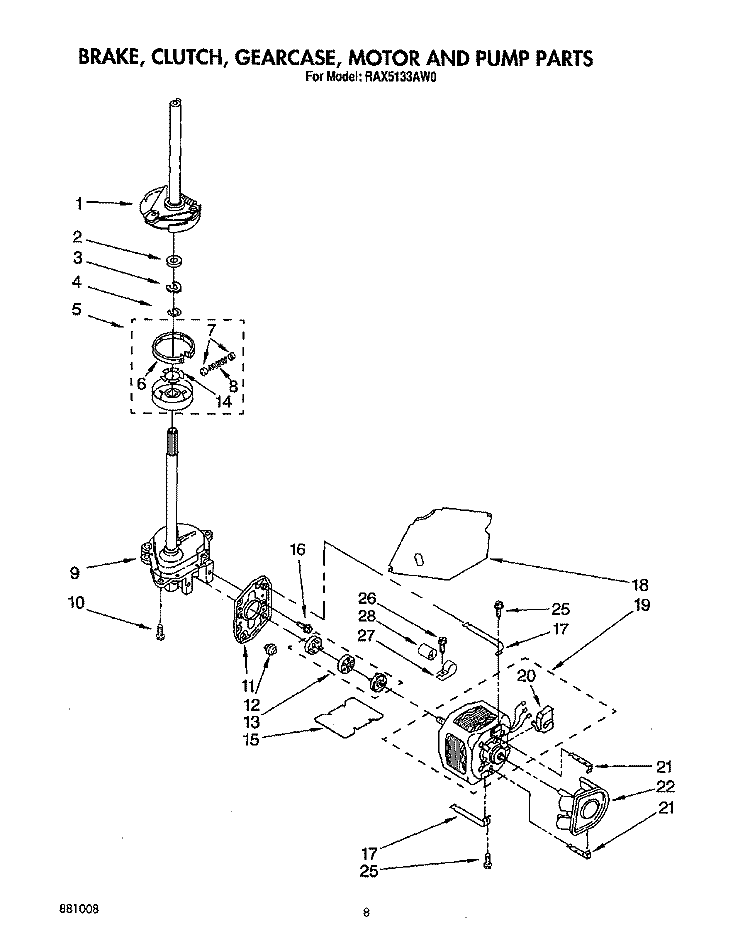 BRAKE, CLUTCH, GEARCASE, MOTOR AND PUMP Diagram and Parts List for RAX5133AG0  Roper Washer