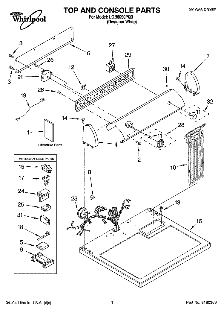 TOP AND CONSOLE PARTS Diagram and Parts List for LGB6000PQ0  Whirlpool Dryer