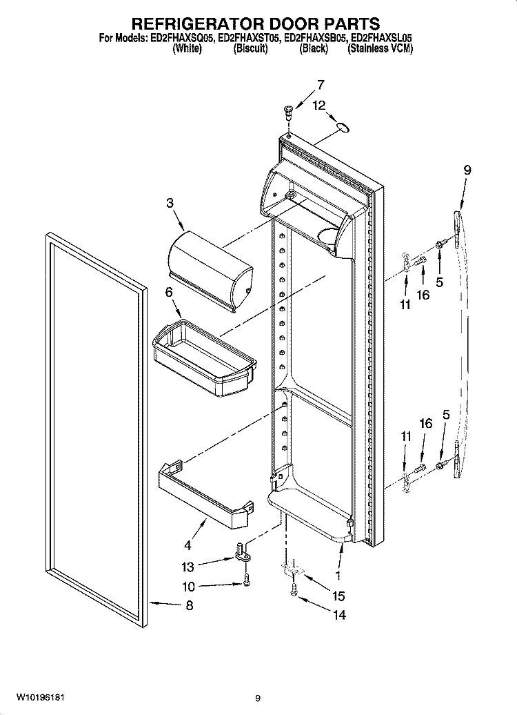 REFRIGERATOR DOOR PARTS Diagram and Parts List for ED2FHAXST05  Whirlpool Refrigerator