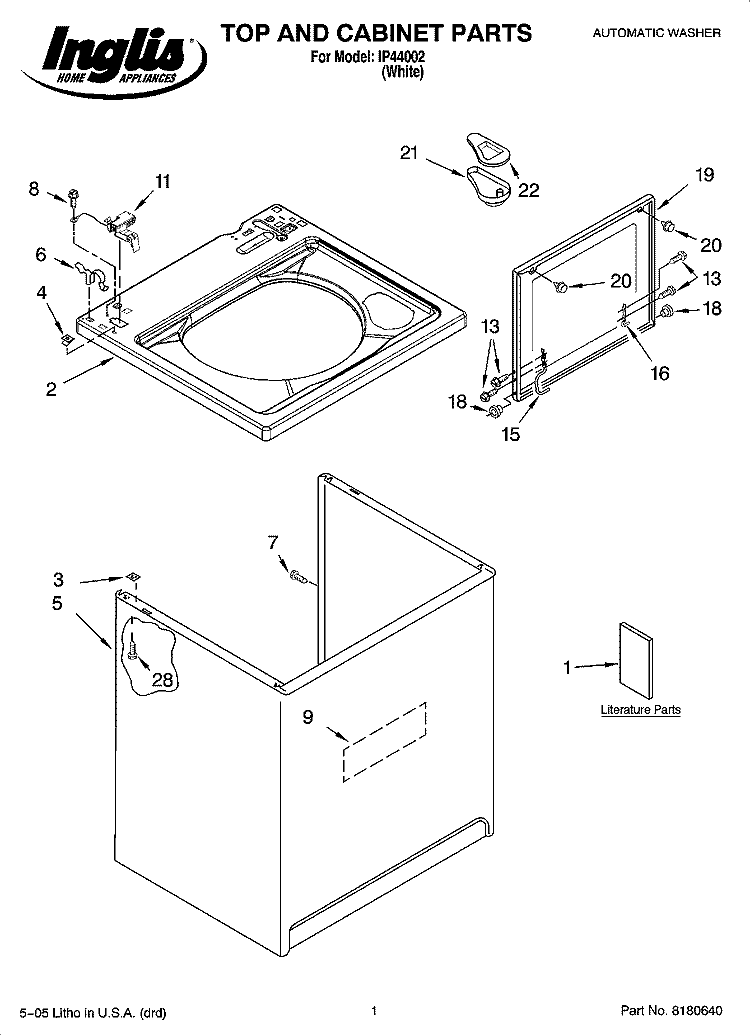 TOP AND CABINET PARTS Diagram and Parts List for IP44002  Inglis Washer