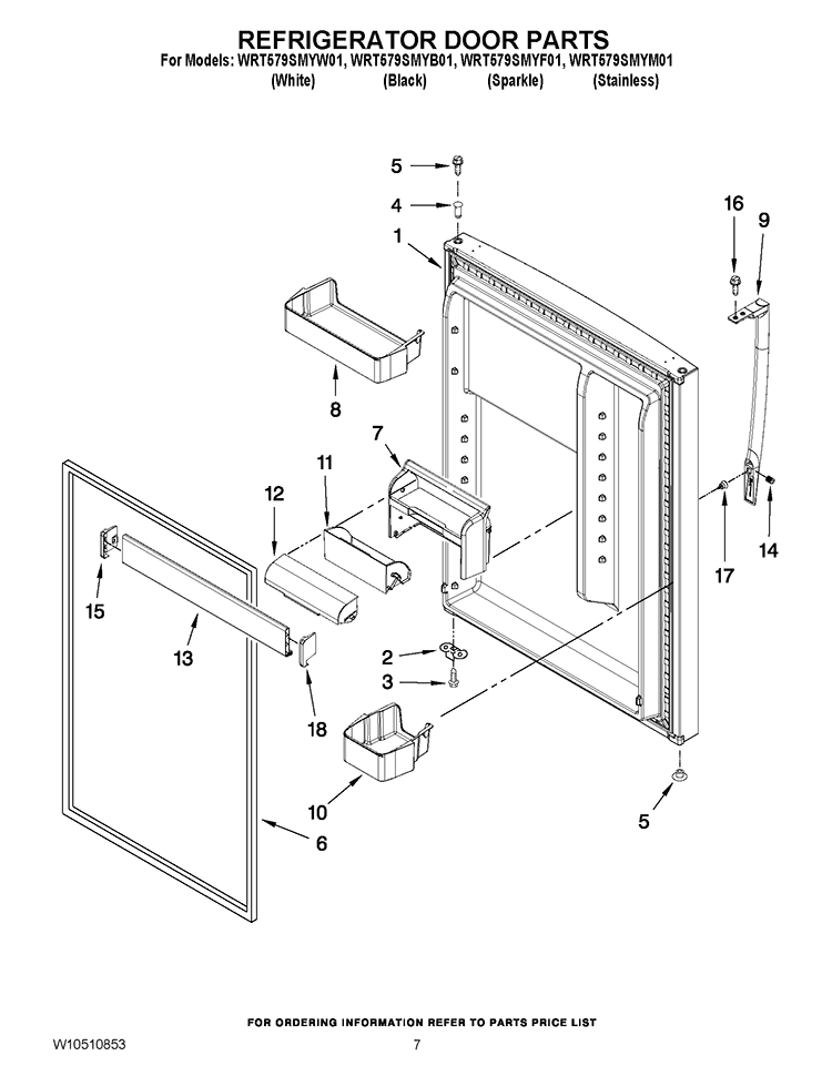 REFRIGERATOR DOOR PARTS Diagram and Parts List for WRT579SMYW01  Whirlpool Refrigerator